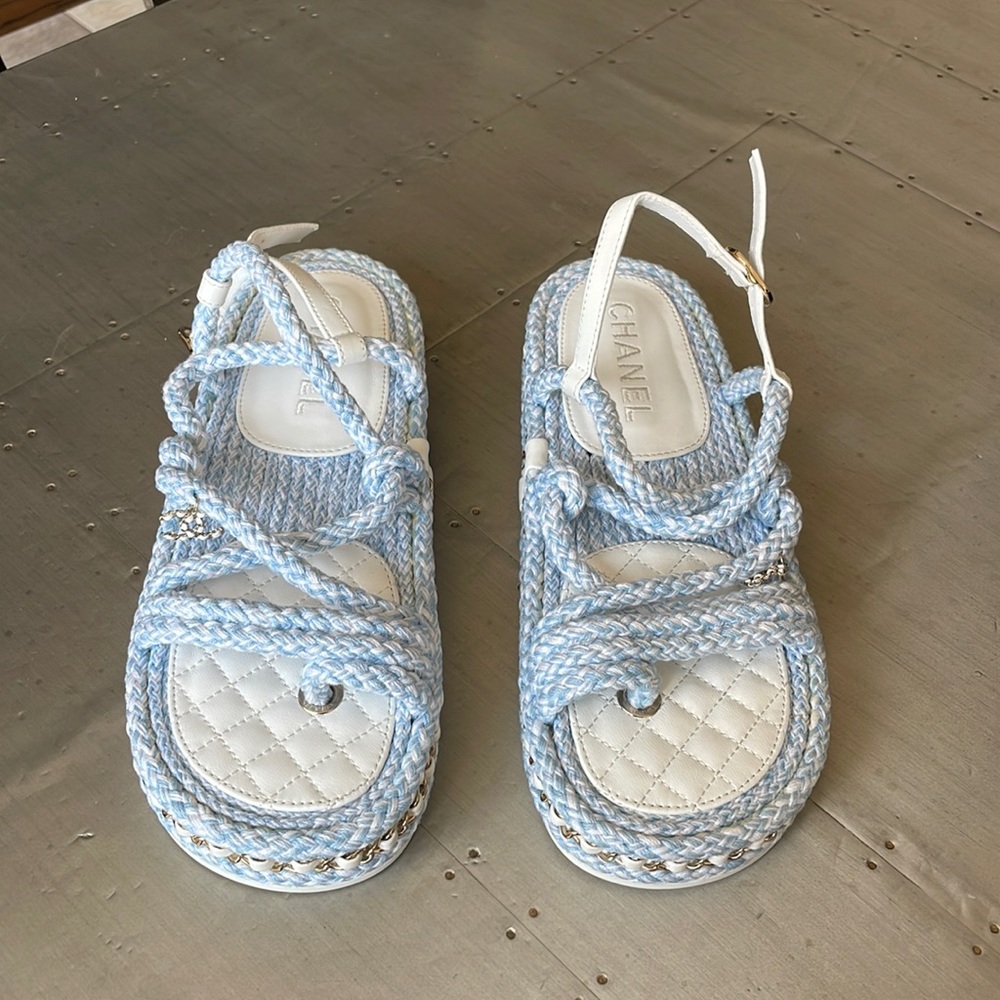 Chanel cord blue white chain charm sandal rope flats sz 39 with box $1425